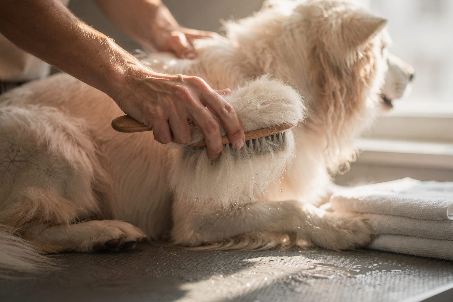 Gentle hands brushing out a clean, fluffy dog's coat in warm natural light