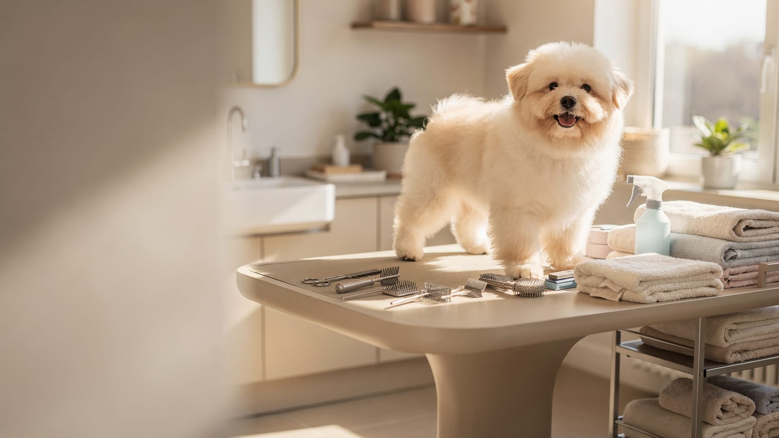 A freshly groomed, happy fluffy dog standing on a grooming table in a bright, sunny studio
